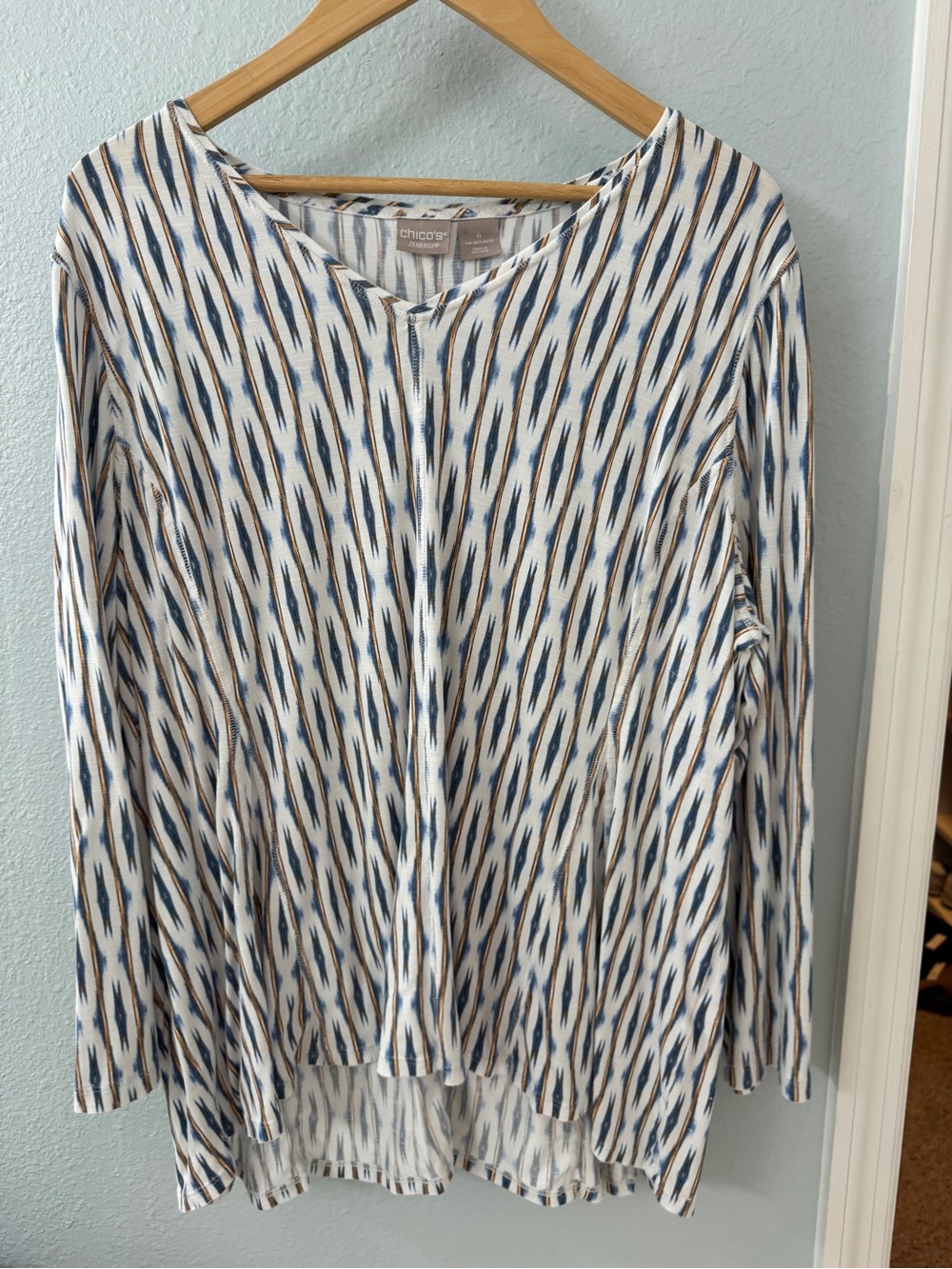 Chico's White Navy and Tan Ikat-Print Long Sleeve Top